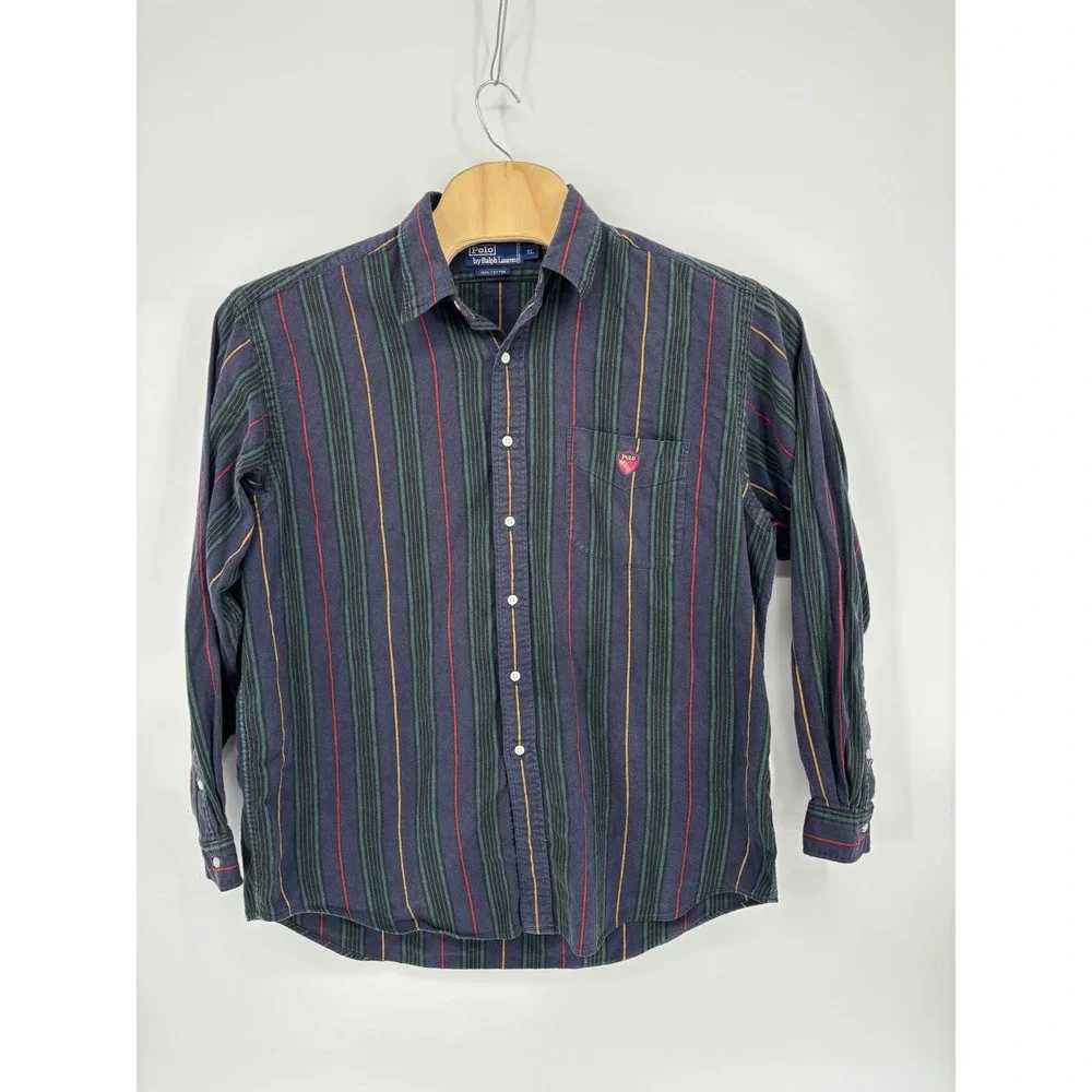 Vintage Polo Ralph Lauren Striped Button Down Shirt Mens XL Crest Patch Navy